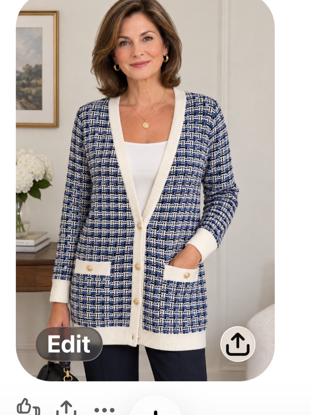 T Tahari Navy and Cream Tweed Long Cardigan